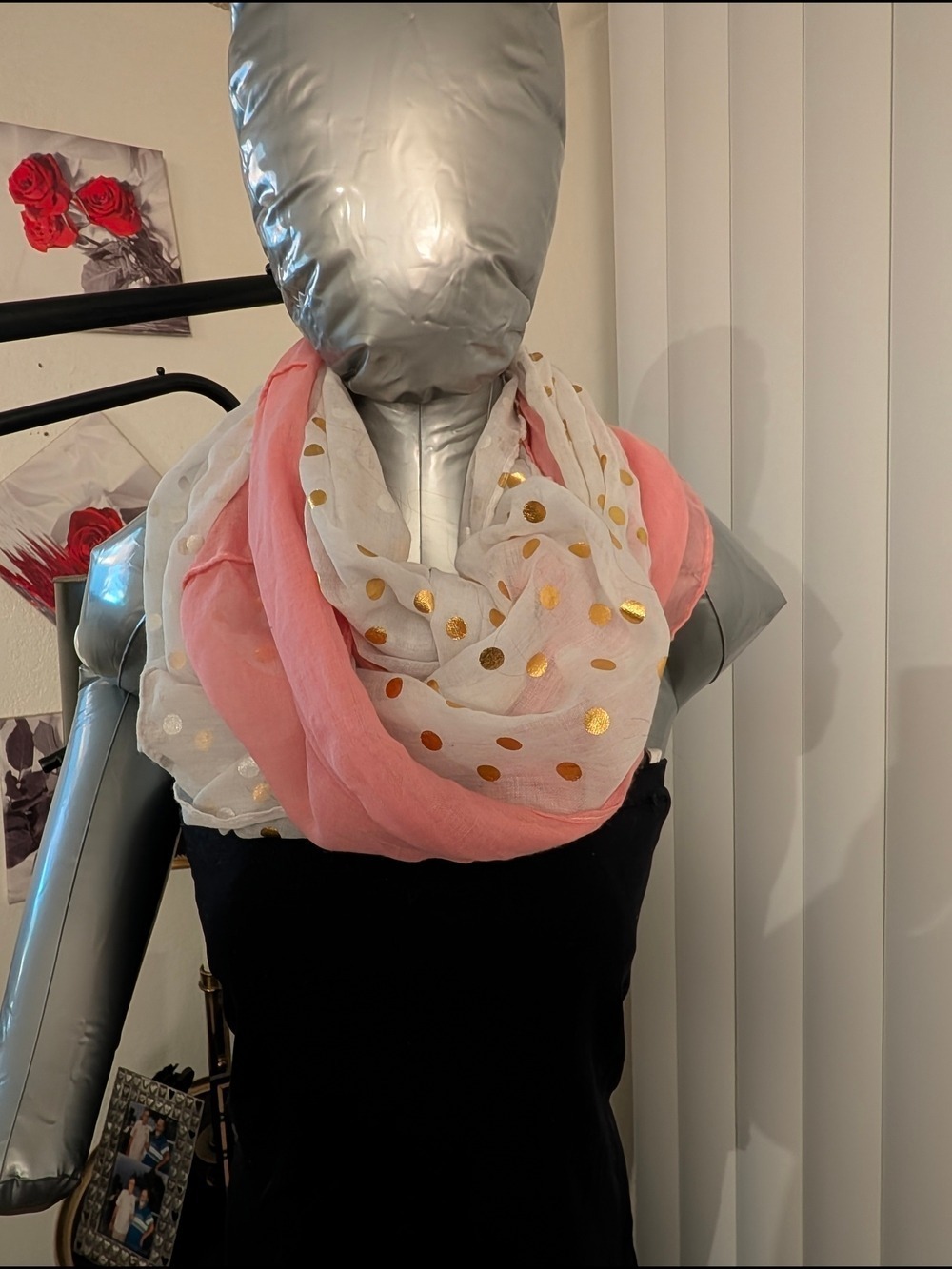 Scarf Sale ❤️7 For$35: Pink/ White Lightweight Infinity Scarf w/ Gold Polka Dots - Picture 5 of 8